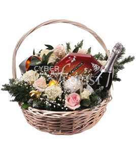 &#39;Greeting&#39; Basket. The elegant gift basket with flowers, chocolates and sparkling wine is a perfect holiday greeting!